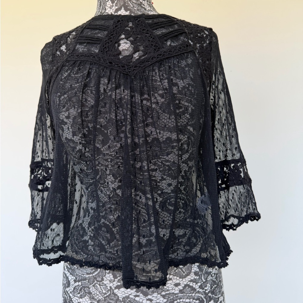 Black Lace Sheer Cropped Blouse by Free People size Medium.